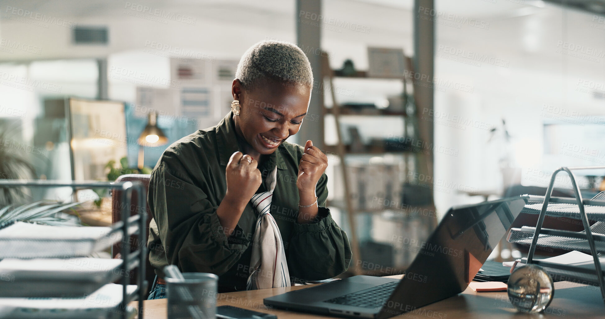 Buy stock photo Black woman, laptop and celebration with fist pump at office with announcement at financial company. African person, broker and computer for goal, promotion or happy with success at investment agency