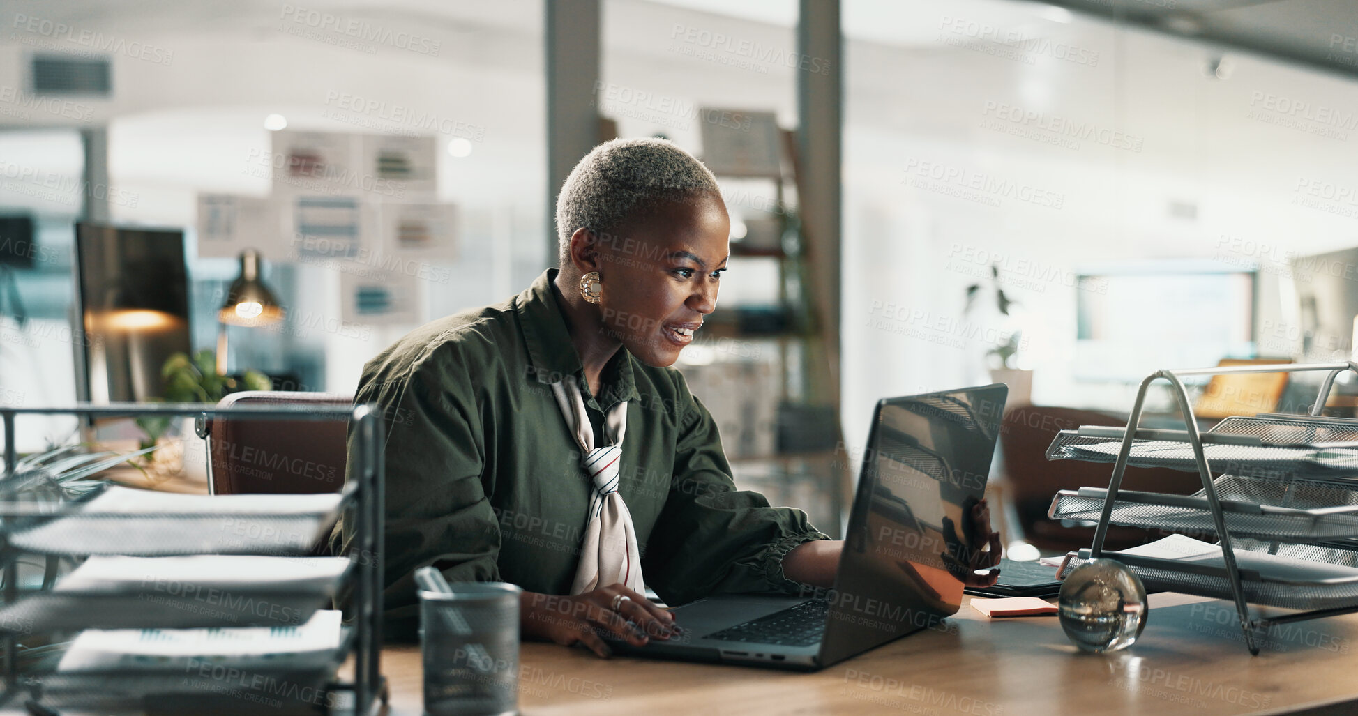 Buy stock photo Happy, writer and black woman in office with laptop, research and online investigation for article. Journalist, person and smile in agency with computer, website or good review for news submission.