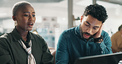 Buy stock photo People, stress and crisis in office with laptop, journalist fatigue or article rejection for fake news. Tired, media team and disappointed in agency with computer, story error or wrong info for blog.