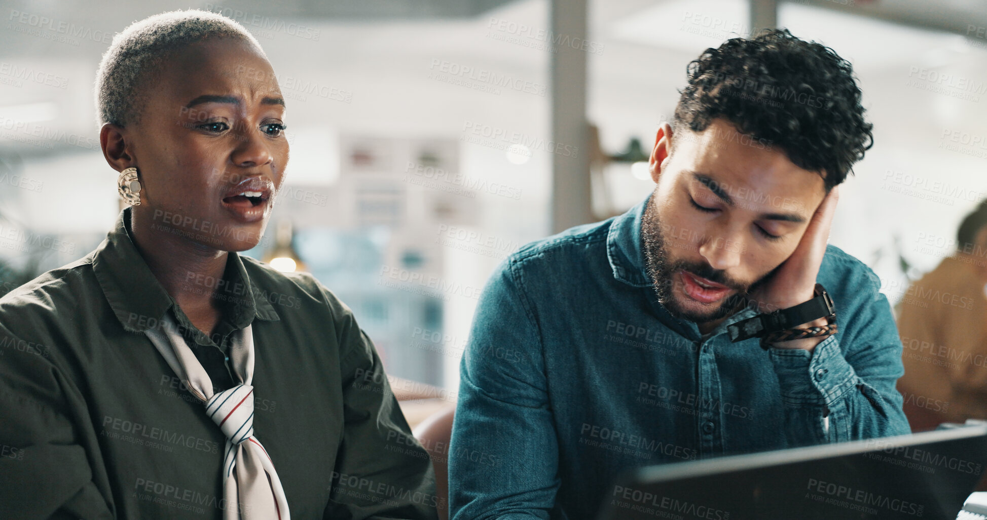 Buy stock photo People, stress and crisis in office with laptop, journalist fatigue or article rejection for fake news. Tired, media team and disappointed in agency with computer, story error or wrong info for blog.