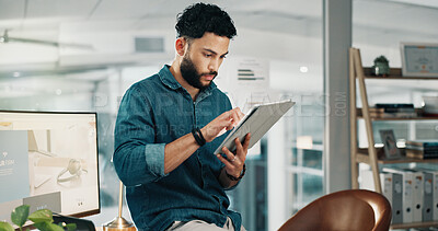 Buy stock photo Journalism, scroll and tablet with business man in office for online magazine or proofreading article. App, editing and virtual publication with journalist at work for feedback research or review