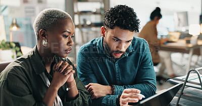 Buy stock photo Teamwork, creative and business people in office, laptop for online submission and planning. Man, woman or journalist in publishing agency, computer for article and collaboration for editing together