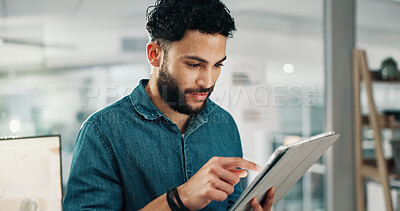 Buy stock photo Reading, tablet or man planning in office, publishing deadline or review story for digital media site. Editing, tech or journalist with app for grammar check, news article feedback or source research