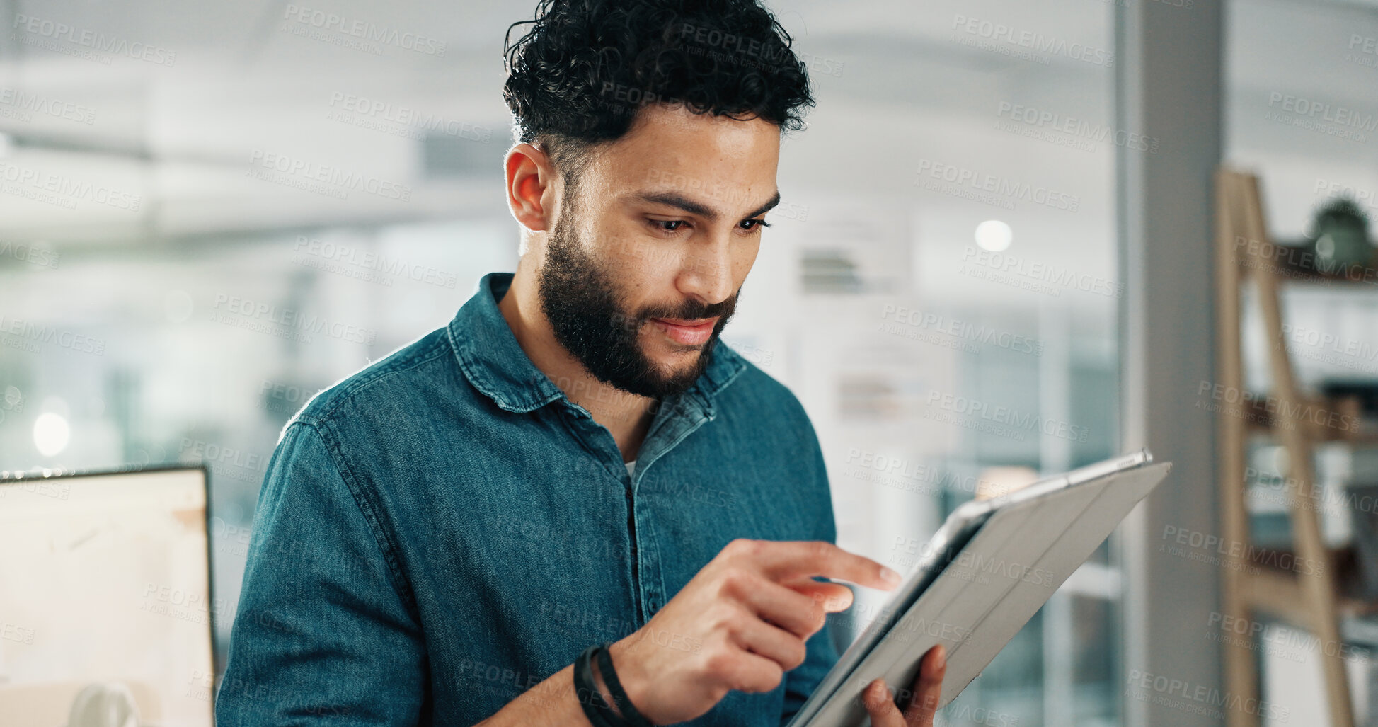 Buy stock photo Reading, tablet or man planning in office, publishing deadline or review story for digital media site. Editing, tech or journalist with app for grammar check, news article feedback or source research
