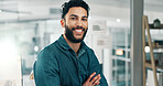 Marketing, portrait or man in office with arms crossed, pride or job goals in advertisement agency. Happy, creative career or branding director with confidence, work or experience as media planner.