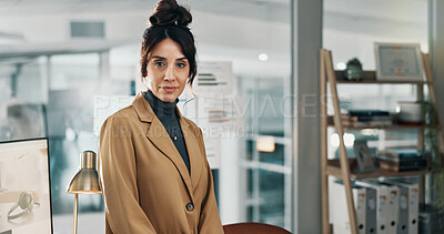 Buy stock photo Marketing, portrait or woman in office with pride, about us or job goals in advertisement agency. Ambition, career or mature branding director with confidence, work or experience as media planner.