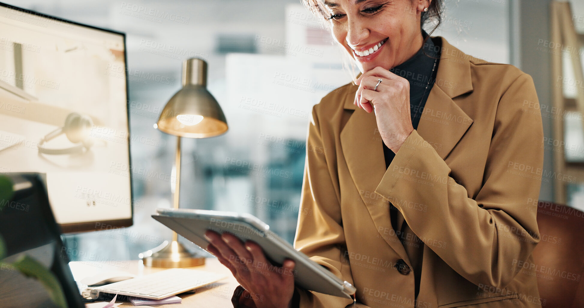 Buy stock photo Business, smile and tablet with woman journalist in office for online magazine or proofreading article. App, journalism and virtual publication with mature person in workplace for feedback or review