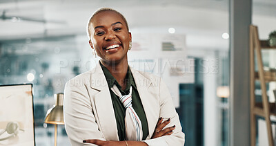 Buy stock photo Happy, portrait and businesswoman with arms crossed in office, publicist and pride for career growth. Creative, PR manager and black person with smile, confident and business development in Nigeria
