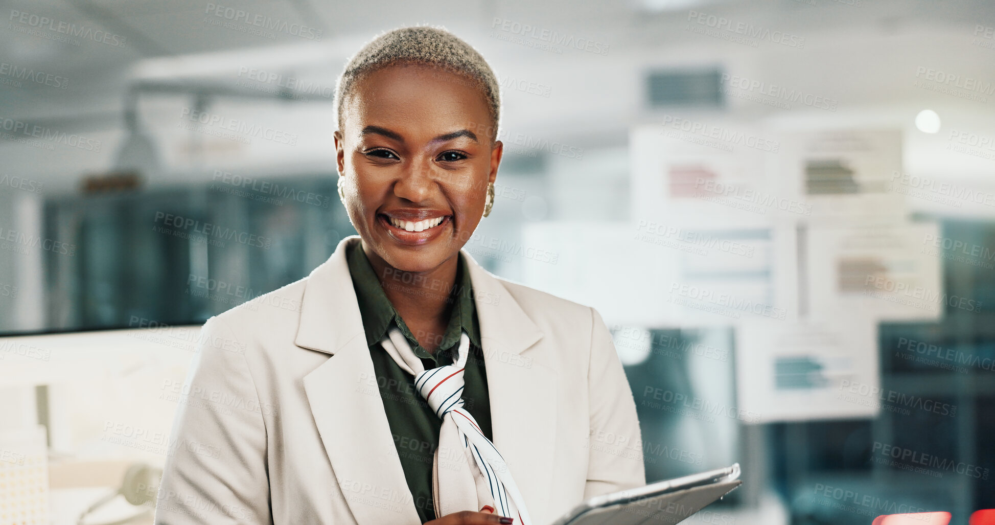 Buy stock photo Journalism, portrait and tablet with black woman in office for online magazine or proofreading article. App, editing and virtual publication with happy journalist in workplace for feedback or review