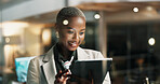 Night, reading or woman with tablet by window, publishing deadline or review story for digital media site. Office, tech or African journalist with app for grammar check, late article editing or smile