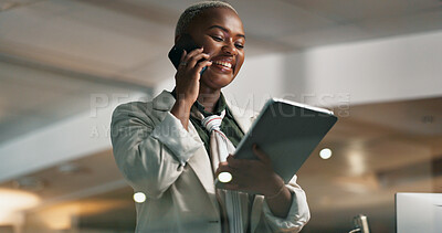 Buy stock photo Journalism, phone call and tablet with black woman in office for online magazine or proofreading article. App, communication and virtual publication with journalist at work for feedback or review