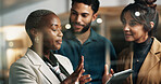 Business people, tablet and group at glass wall in office at night, notes or review project at finance company. Women, man and team with app, window and feedback report at asset management agency