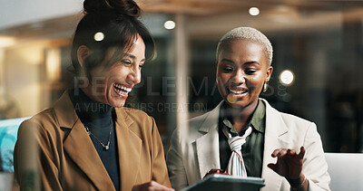 Buy stock photo Women, tablet and team at window in office at night, happy or funny chat at finance company. Business people, tech and app at glass wall, feedback report or laugh with asset management at agency
