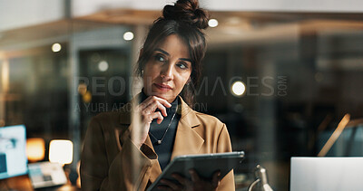 Buy stock photo Tablet, idea and business woman in office at night for compliance review, insight and thinking. Technology, mature person and advisor in workplace for overtime, problem solving and policy planning