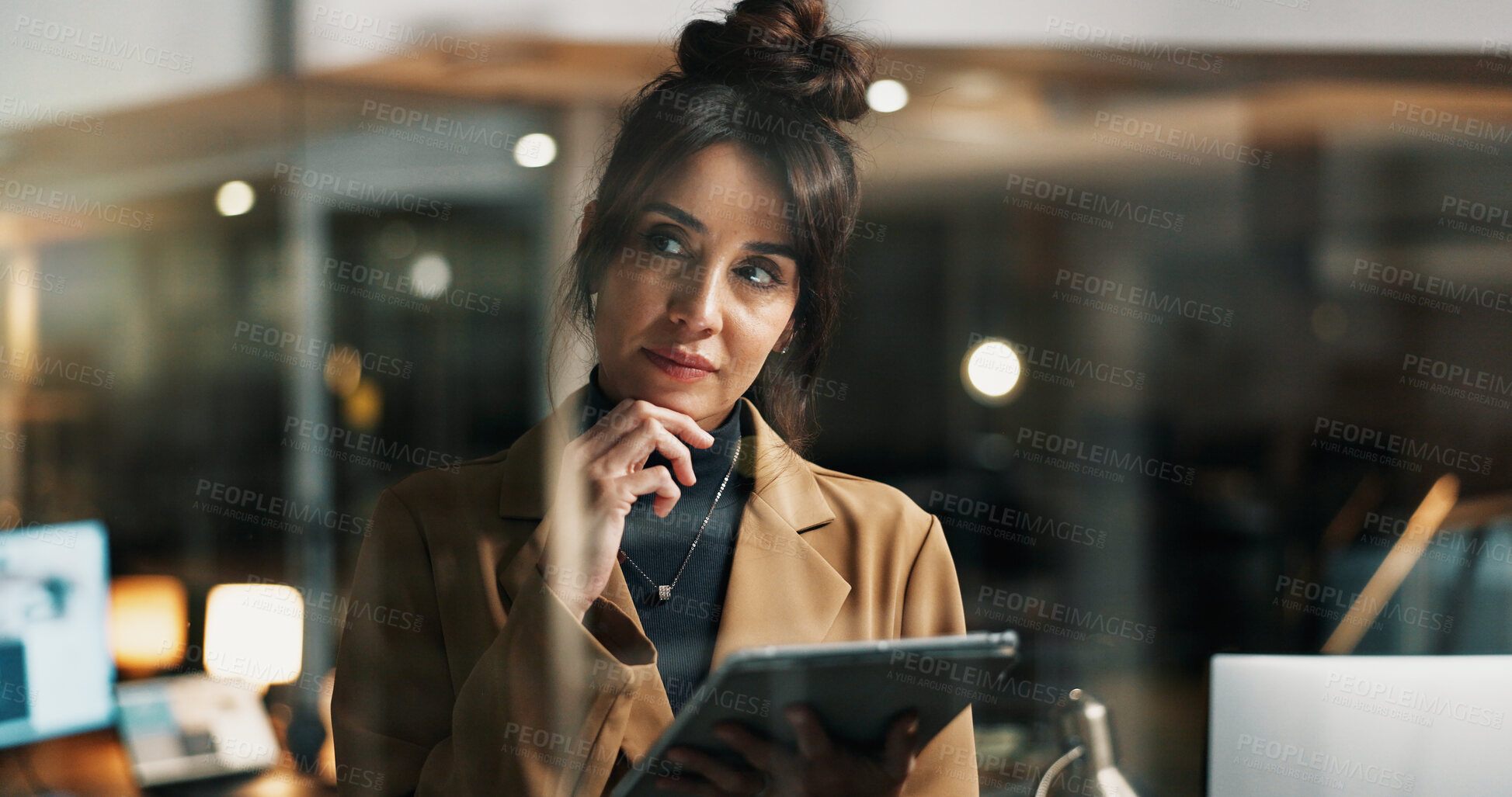 Buy stock photo Tablet, idea and business woman in office at night for compliance review, insight and thinking. Technology, mature person and advisor in workplace for overtime, problem solving and policy planning