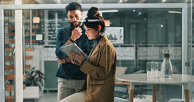Buy stock photo Business, people and reading with tablet at night for research, data analysis and finance report. Team, digital and investment with statistics, financial comparison and working late for profit growth
