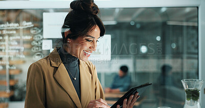 Buy stock photo Journalism, smile and tablet with business woman in office for online magazine or feedback. App, editing and virtual publication with mature journalist in workplace for proofreading article or review