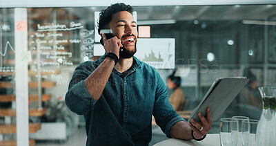 Buy stock photo Laughing, phone call and tablet with broker man in financial workplace for investment success. App, communication and funny with happy employee in office for finance growth or stock market trading