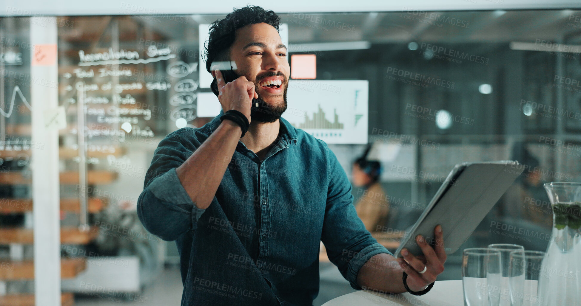 Buy stock photo Laughing, phone call and tablet with broker man in financial workplace for investment success. App, communication and funny with happy employee in office for finance growth or stock market trading