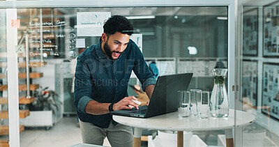Buy stock photo Business, man and reading with laptop at night for research, data analysis and finance report. Smile, person or pc with financial statistics, investment information and working late for profit growth