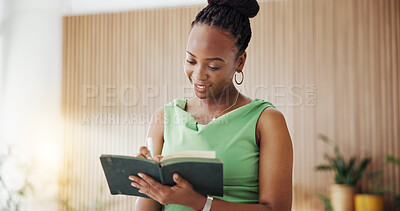 Buy stock photo Design, notebook and planning with business black woman in office for agenda or schedule. Creative, planner and writing with African designer in artistic workplace for checklist, notes or reminder