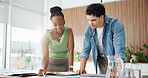 Business people, planning and thinking with documents in office for team project or development. Businessman, woman or colleagues brainstorming with paperwork for ideas, agenda or tasks in workplace