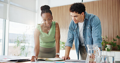 Buy stock photo Business people, planning and thinking with documents in office for team project or development. Businessman, woman or colleagues brainstorming with paperwork for ideas, agenda or tasks in workplace