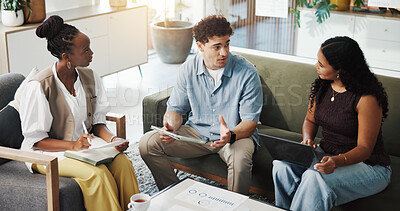 Buy stock photo Design, tablet and talking with business people on sofa in office for collaboration or discussion. Conversation, planning and teamwork with designer group in creative workplace for meeting or review