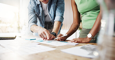 Buy stock photo Business people, hands or discussion with documents in office for schedule planning, tasks or ideas. Businessman, woman or employees pointing with paperwork for performance or review in workplace