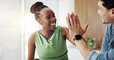 Buy stock photo High five, smile and success with designer people in office for goals, milestone or target. Celebration, motivation and victory with design team in creative workplace for achievement or support