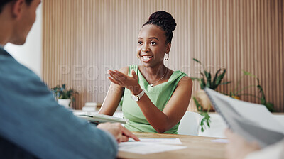 Buy stock photo Meeting, speaking or woman with client in creative agency, marketing campaign or feedback for launch. Tablet, talk or marketer with brand representative for planning, objectives or budget guideline