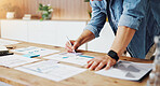 Business, person and hands writing with documents in office for performance review or planning. Man, employee or sticky note with paperwork for schedule reminder or brainstorming ideas in workplace