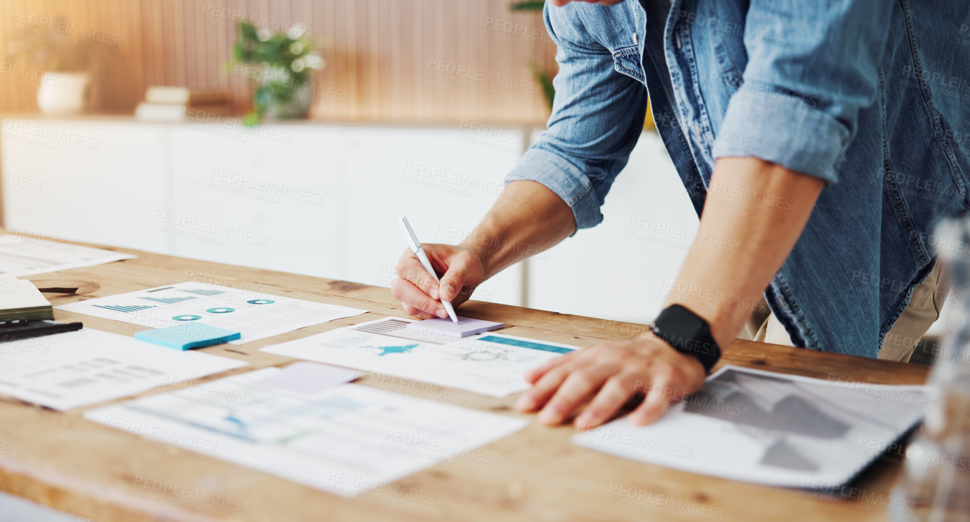 Buy stock photo Business, person and hands writing with documents in office for performance review or planning. Man, employee or sticky note with paperwork for schedule reminder or brainstorming ideas in workplace