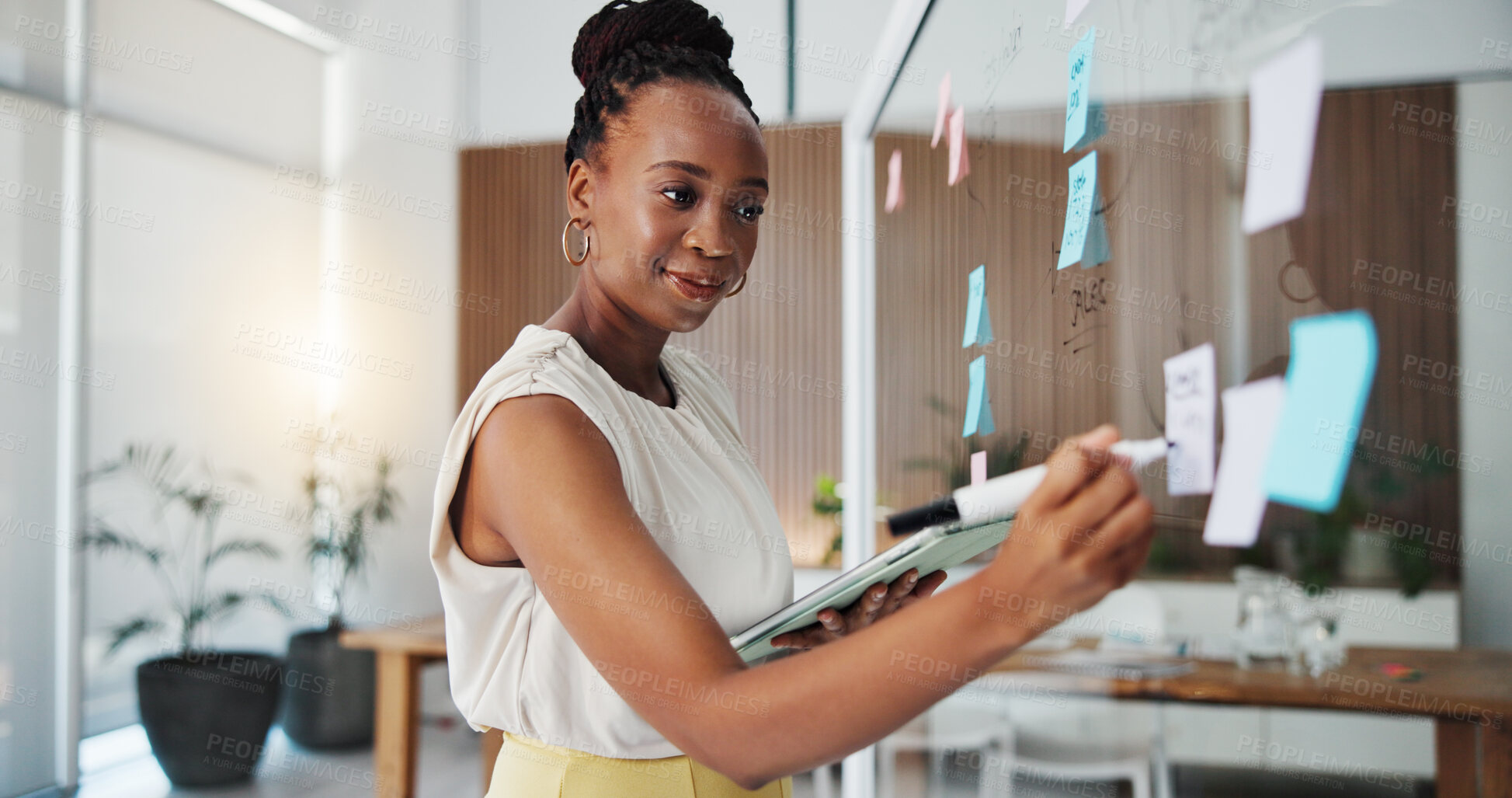 Buy stock photo Black woman, writing or planning with tablet on glass board in office for schedule, task or agenda. Female person, employee or taking notes with technology for brainstorming ideas or project reminder