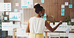 Glass wall, business and black woman writing for planning strategy, financial info or sales analysis. Board, brainstorming or person in office with sticky notes for agenda, investment graphs and back