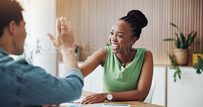 Buy stock photo High five, laughing and success with designer people in office for goals, milestone or target. Celebration, funny and victory with design team in creative workplace for achievement or support