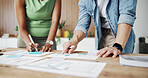 Business people, hands or pointing with documents in office for schedule planning, tasks or ideas. Businessman, woman or employees with sticky note for performance review or agenda in workplace