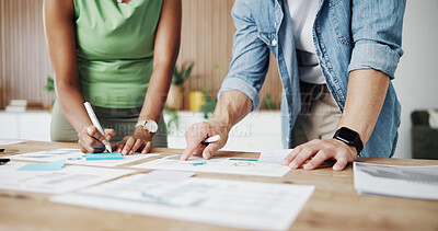 Buy stock photo Business people, hands or pointing with documents in office for schedule planning, tasks or ideas. Businessman, woman or employees with sticky note for performance review or agenda in workplace