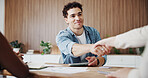 Business, meeting or people in office with handshake, greeting or collaboration in investment deal. Smile, networking or finance consultant with intro, partnership or opportunity in funding agreement