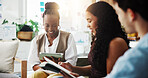 Reading, discussion or happy people with tablet in meeting, creative idea or planning for ads project. Flare, brainstorming or media specialist manager with team for campaign proposal, tech or smile