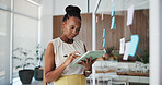 Design, planning and tablet with business black woman in office for agenda or schedule. App, creative and research with African designer in artistic workplace for checklist, notes or reminder