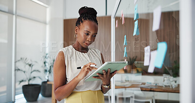 Buy stock photo Design, planning and tablet with business black woman in office for agenda or schedule. App, creative and research with African designer in artistic workplace for checklist, notes or reminder