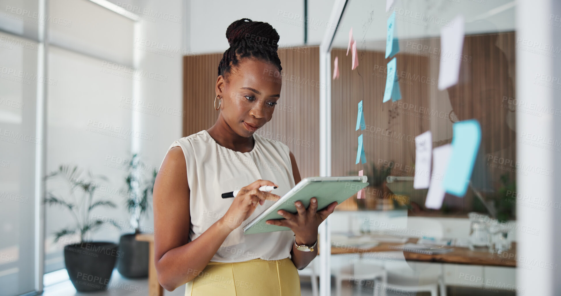 Buy stock photo Design, planning and tablet with business black woman in office for agenda or schedule. App, creative and research with African designer in artistic workplace for checklist, notes or reminder