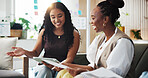 Document, discussion or happy people with tablet in meeting, creative project or reading ads proposal. Flare, brainstorming or media specialist team with campaign action plan, tech or explain idea