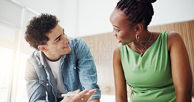 Buy stock photo Meeting, planning and talking with designer people in office together for development or discussion. Collaboration, conversation and design with team in creative workplace for project management