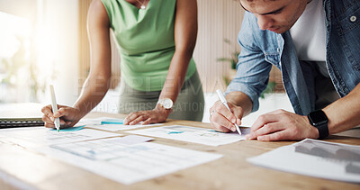 Buy stock photo Business people, hands or writing with documents in office for schedule planning, tasks or ideas. Businessman, woman or employees taking notes with paperwork for performance or review in workplace