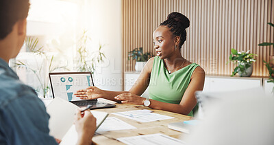 Buy stock photo Finance, laptop screen and meeting with business people in office for review of data graphs. Collaboration, computer and feedback with investment team in financial workplace for charts or statistics