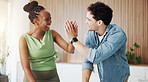 High five, motivation and smile with designer people in office for goals, milestone or target. Celebration, success and victory with design team in creative workplace for achievement or support