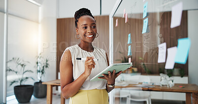Buy stock photo Smile, tablet and board with business black woman in office for research, presentation or seo workshop. Brainstorming, sticky note reminder and branding project with employee in media agency for idea