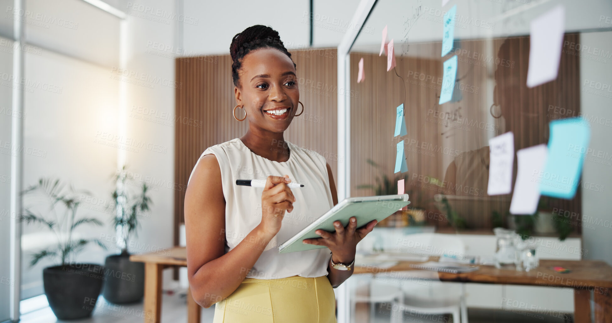Buy stock photo Smile, tablet and board with business black woman in office for research, presentation or seo workshop. Brainstorming, sticky note reminder and branding project with employee in media agency for idea